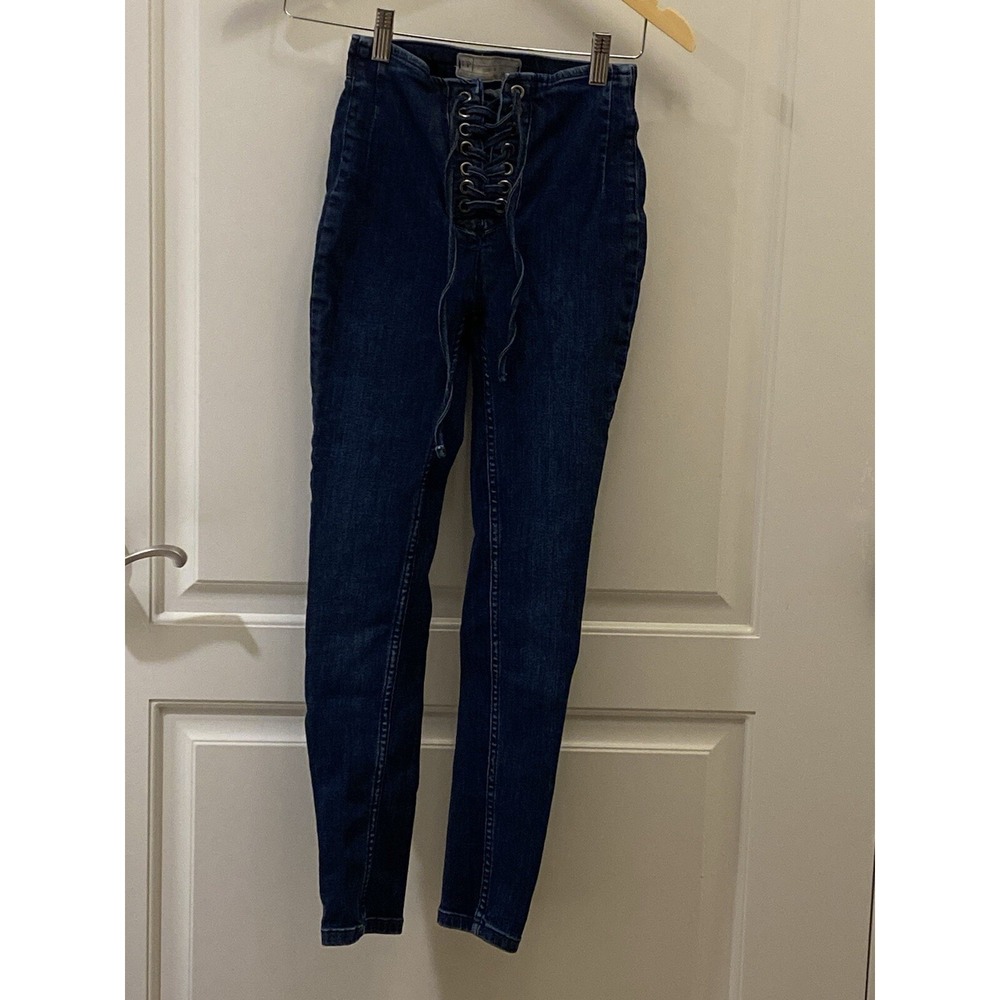 FREE PEOPLE Lace Tie Up‎ Jeans 24 Blue Jegging High Waisted Super Skinny Pants